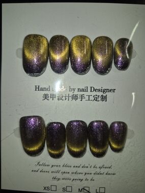 Handmade Cat Eye Magnetic Galaxy Purple And Gold Press On, Reusable Nails🌌